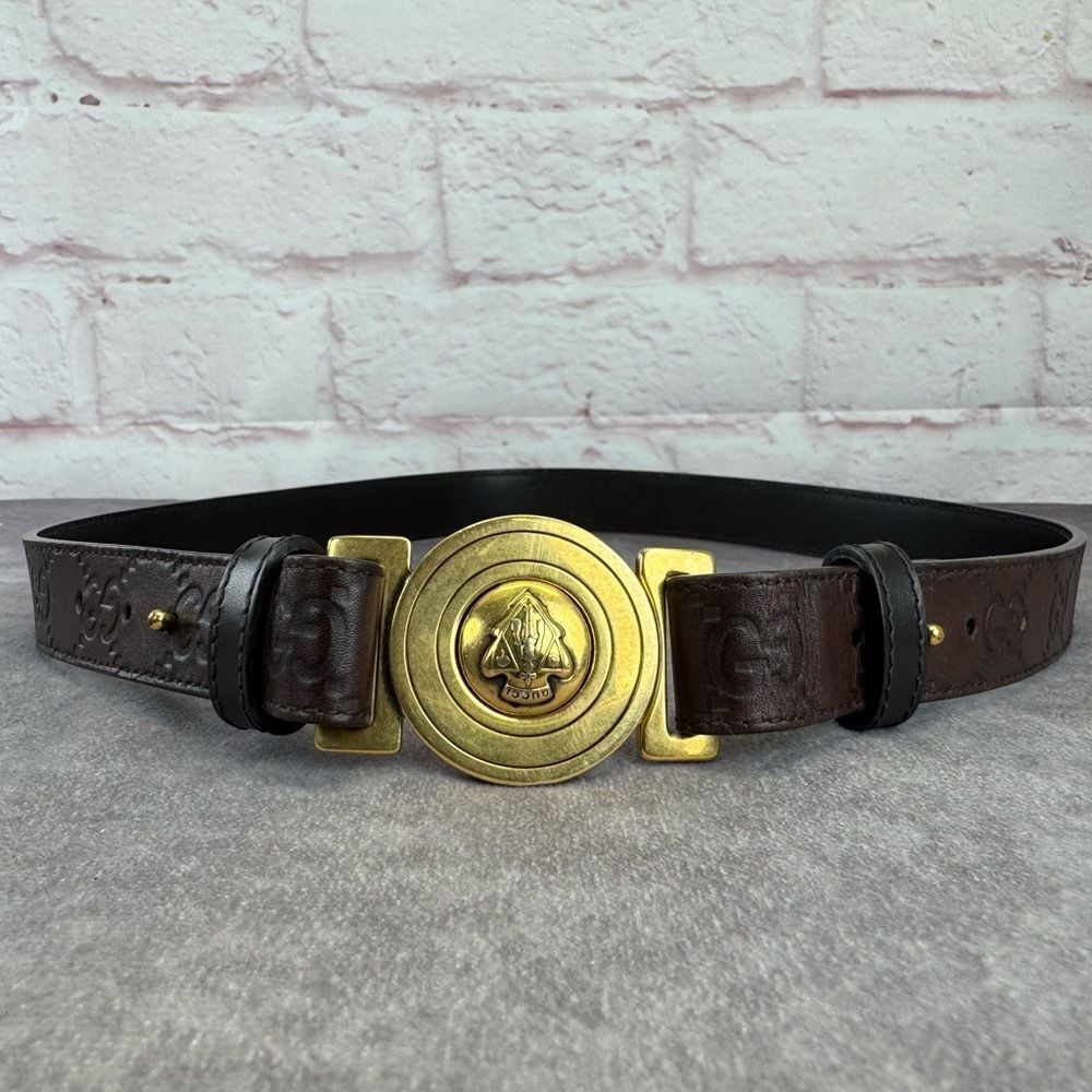 Gucci Guccissima Hysteria Crest Brown Leather Belt Gold Buckle 80/32